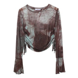 Fongt Not Sultry Hot Tie Dye Net Yarn Long-Sleeved T-Shirt Drawstring Tethered With Short-Sized T-Shirt Horn Sleeve Top 8929