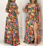 Independent Station 2023 New Short-Sleeved Print V Neckline Waist Tie Dress Long Dress-Outfit