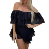 Fongt Spot 2023 Summer New One-Word Shoulder Sleeveless Flounce Sexy Mini Chiffon Dress-Outfit