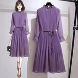 Solid Party Dress Female 2022 Spring Summer New Loose Casual Lotus Leaf Collar Lantern Sleeve Midi Pleated Chiffon