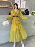 Fongt Autumn Station Temperament Retro Lotus Leaf Side Bubble Long Sleeve V Collar Thin A Word To Close The Waist 100-Fold Dress