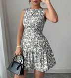 Fongt French Elegant Floral Print Sleeveless Bundle With Mini Dress