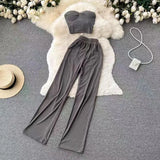 Fongt Strapless Short Top High Waist Casual Loose Wide Leg Pants-Outfit