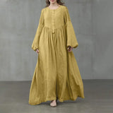 Women Spring Sundress Elegant Pleated Lantern Sleeve Solid Maxi Long Dress Vintage Party Vestido Kaftan Robe