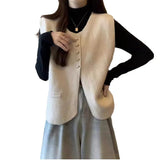 New Solid Color Single-Breasted Buckle Folded Through Leisure College Women's Vest Round Collar Knitting Korean Version Of The Small Fragrant Wind Vest-Outfit