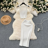 Fongt Kong Style Retro Hottie Suit Women's Summer Short Vest Top With High Waist Half Skirt Knit Two Sets