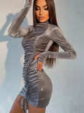 Long Sleeve Turtleneck Bodycon Sequins Woman Mini Dress 2022 Spring Party Elegant Robe Women's Dresses For New