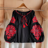 Fongt Travel To Shoot Retro National Wind Embroidery With Tuxedo V-Neck Lantern Sleeve Top Lady 0515