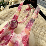 Fongt Three-Dimensional Flowers Hanging Neck Slings Loose Short A-Shaped Dress Women's Lotus Leaf Side Vacation Skirt