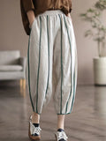 Stripe Summer Women's Pants LOOSE Cotton Linen Ankle Pants Elastic Waist Harajuku Fashion Summer New 2023 Black