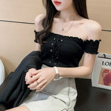 Slash Neck Cropped T-shirt Female Short Sleeve Sexy Knitted Laced Up Stretchable TShirts Crop Tops For Woman Summer-Outfit