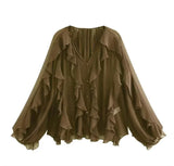 Fongt 2025 New Women's V-Neck Single Buckle Long-Sleeved Cascade Decorative Shirt 10 Colors