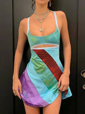 Patchwork Striped Cutout Mini Dress-Outfit