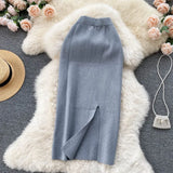 Fongt Solid Color Skirt Winter With Sweater High Waist Thin Temperament Open Elastic Knitted Hip Long Skirt
