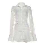 Fongt 2025 Fashion Trend Women's New Collar V Collar Horn Sleeve Mesh Repair Dress