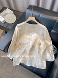 Chinese Style Bamboo Printing Medium Sleeve Round Collar Blouse Thin Summer Loose Aging Beautiful Vintage Blouse-Outfit
