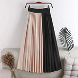 2024 High Elastic Waist Thin Large Hem Color Contrast Pleated Medium Length Skirt Patchwork Women Irregular Clothing TH370-Outfit