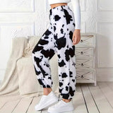 Fongt Ms. Autumn And Winter Fashion Explosion Cow Print Pattern Lady Loose Fashion Trousers Plush