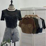 Fongt Summer Denim Splicing Mesh Yarn Short-Sleeved T-Shirt Design Fake Two Hot Girl Short Top 26231
