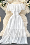 Women Casual Dress Double Layer Ruffled Off Shoulder Slash Neck Chiffon Dresses Woman Summer Midi Dress Vestidos