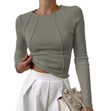 Fongt Shein New Spring Autumn New Sweet Spicy Solid Color Line Long-Sleeved Collar T-Shirt Girl