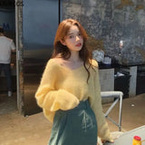 Thin Sweaters Women Vintage Hollow Knitted Pullovers Top Sweet Casual Loose V-neck Sweatshirt Elegant Korean Womens Clothes-Outfit