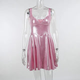 2022 New Strap Designer Pink Shiny Sling Casual Sexy Backless Women's Clothes One Piece Basic Evening Party Mini