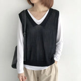 Fongt Spring 2024 V-Neck Sleeveless Loose Vest New Literary Knit Vest Pure Color Wisp Empty Women Fold Wear Jacket-Outfit