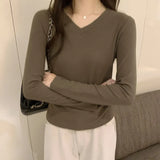 Style Ins Solid Color V-Collar Long-Sleeved Bottomed T-Shirt For Women In Autumn And