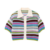 Fongt Women's 2025 New Crochet POLO Shirt Collar Striped Crochet Shorts Set