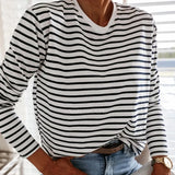 Black And White Stripes O Neck Casual Tops Long Sleeve Loose Pullover T-shirt 2021 Srping New Fashion Korea