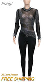 Beautiful Sheer Mesh Crystal Jumpsuits Women Rompers Glam Long Sleeve See-Through Rhinestones Romper Night Out