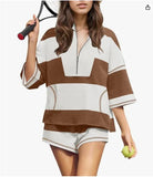 Fongt Spring And Summer New Women's Striped Half-Sleeved Oversized Shorts Casual Sportswear Two Sets