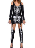 Masquerade Ball Skull Skeleton Printed Bare Shoulder Halloween Costume Dark Performance Costume-Outfit