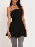 Women Strapless Off Shoulder Tube Short Mini Dress Summer Solid Color Bodycon Black Pleated Dress Female Vestido