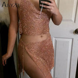 Women Sparkly Rhinestone Sexy Two Piece Set 2023 New Low Cut Sleeveless Halter Backless Party Top Split Empire Mini