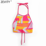 Women Chic Color Match Geometric Knitting Halter Camis Tank High Street Ladies Summer Backless Lace Up Crop Tops
