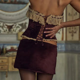 Purple Velvet Corset Crop Top And Mini Skirt Set-Outfit