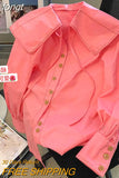 Street Style Solid Color Loose Long Sleeve Single Breasted Shirt 2023 Summer Women Casual Peter pan Collar Blouse