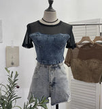 Fongt Summer Denim Splicing Mesh Yarn Short-Sleeved T-Shirt Design Fake Two Hot Girl Short Top 26231