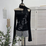 Fongt Hottie Side Hanging Neck Scarf Print Knitted Top Design Embody T-Shirt 2786