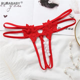 Hollow Out Hot Women Lingerie G-String Double Strap Pearl Massage Underwear Thong Solid Color Low Waist Temptation Panties