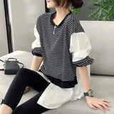 High Street Striped Printed Loose Midi Sweatshirts Spring Autumn Patchwork Female Clothing Korean Round Neck Pullovers-Outfit