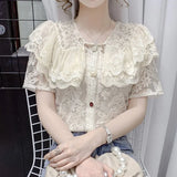 Embroidery Lace Chiffon Blouse Women 2023 Fashion Beading Shirt Tops Ruffles Korean Floral Peter Pan Collar Clothes