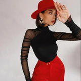 Fongt Women's Sexy Gauze Splicing Long Sleeve Slim Slim Temperament Elegant Wind Joined Suit