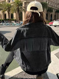 Short Jacket Women's 2022 Spring Fall New Chains Fringe Loose High-Waist Jeans Top Female Black Jean Coats Students