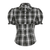 Fongt College Style Retro Check-Colored Bubble Sleeves Slim Slim Collar Buckle Short-Sleeved Shirt T-Shirt