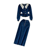 Fongt New Retro Suit Female Lace Doll-Collar Denim Jacket + Medium And Long Bag Hip Skirt Two-Piece