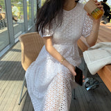2022 New Fashion Korean Chic Summer Dress Elegant Temperament Lace Hollow Out Puff Sleeve High Waist Mid-Calf