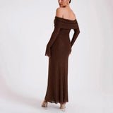 Fongt Women's New Luxury Out-Shoulder Long-Sleeved Body Drilled Noble Dress